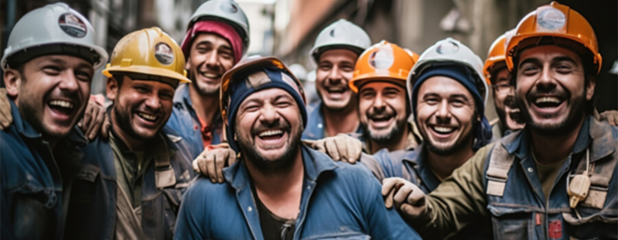 A group of men smiling and wearing hard hats.