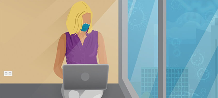 Cartoon image of a woman remote worker with a laptop wearing a face mask.