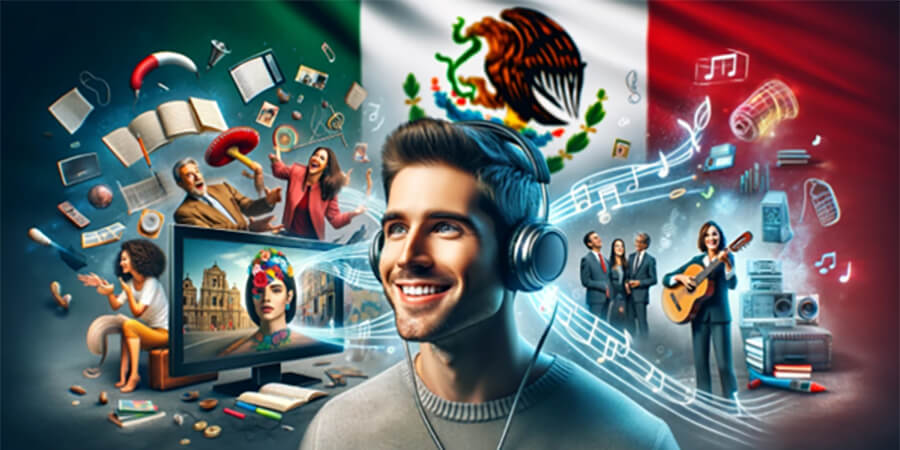 A person wearing headphones with images of Spain and Spanish culture around his head.