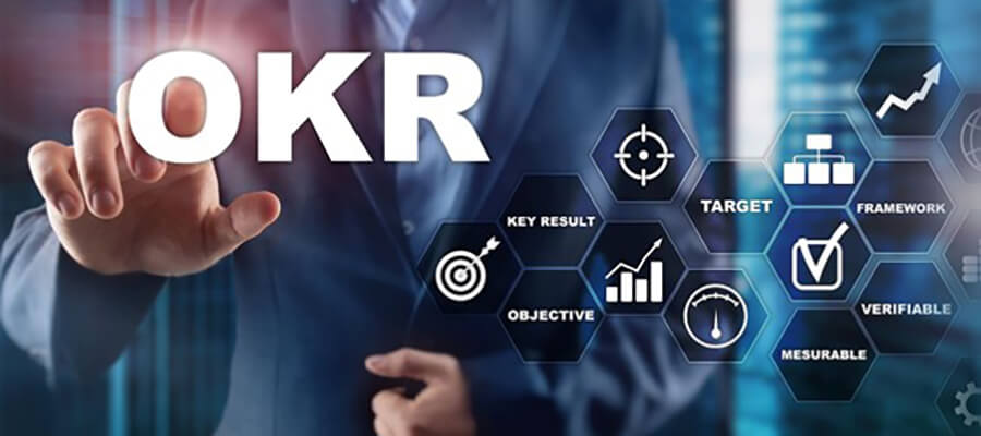 OKR visual with icons and keywords.