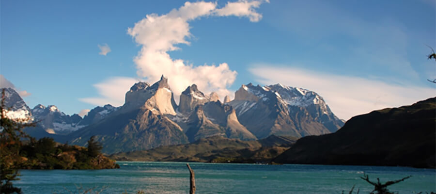 View of mountains and lake in Patagonia.