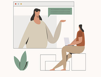 Cartoon of woman communicating online.