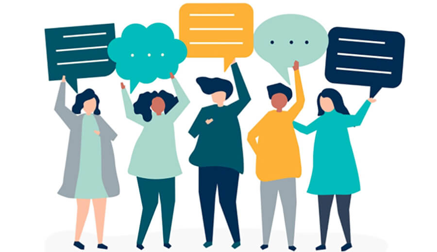 Vector of people holding speech and thought bubbles.