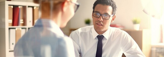 An interview between a young man and woman.