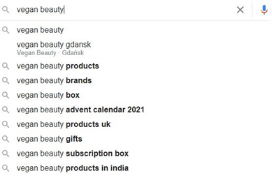 Example google search results for 'Vegan beauty'